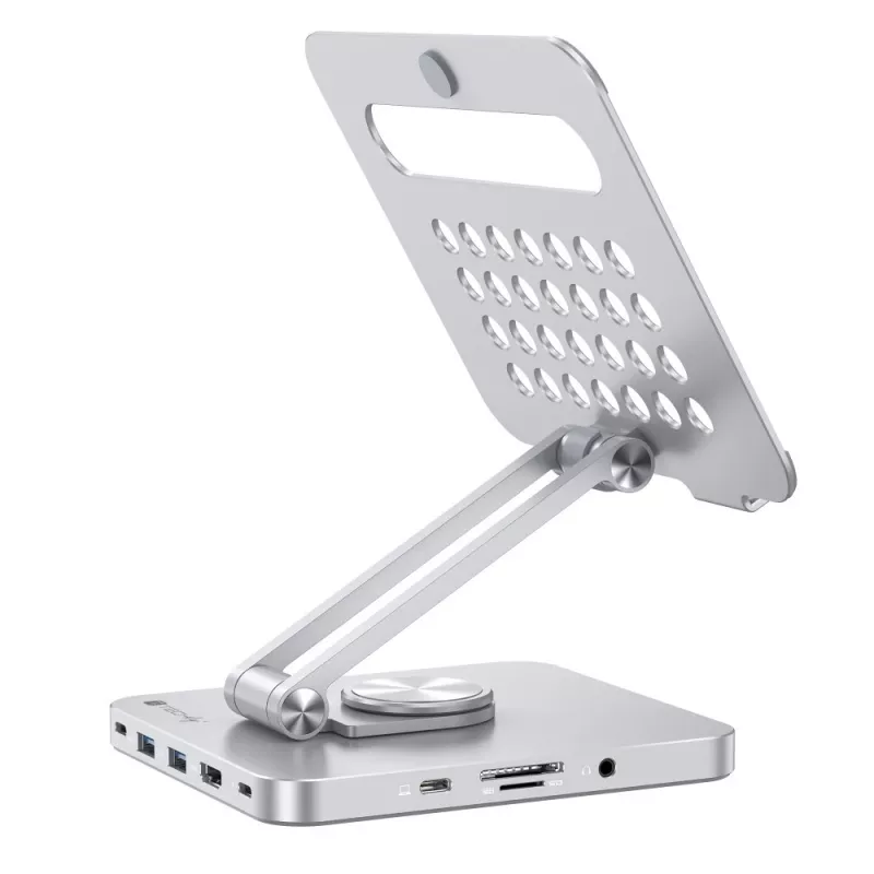 Techly 8-in-1 USB-C Hub Docking Station Tablet Stand, tahvelarvuti alus, hõbedane, alumiinium, 360°, USB 3.2 Gen 1 (3.1 Gen 1) USB-C, 5000 Mbit/s