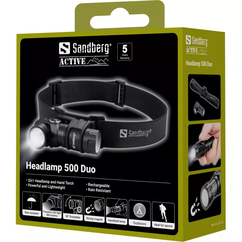 Sandberg Pealamp 500 Duo, Peapaelaga taskulamp, Must, Alumiinium, IP44, LED, 25 lm