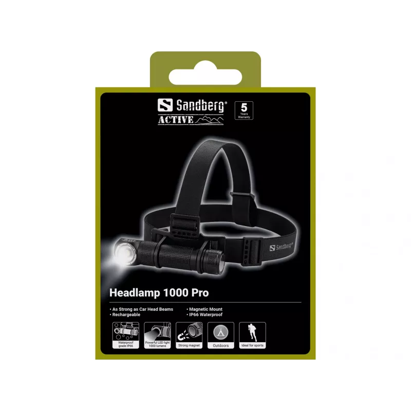 Sandberg Pealamp 1000 Pro, peapaelaga taskulamp, Must, Alumiinium, IP66, LED, 25 lm