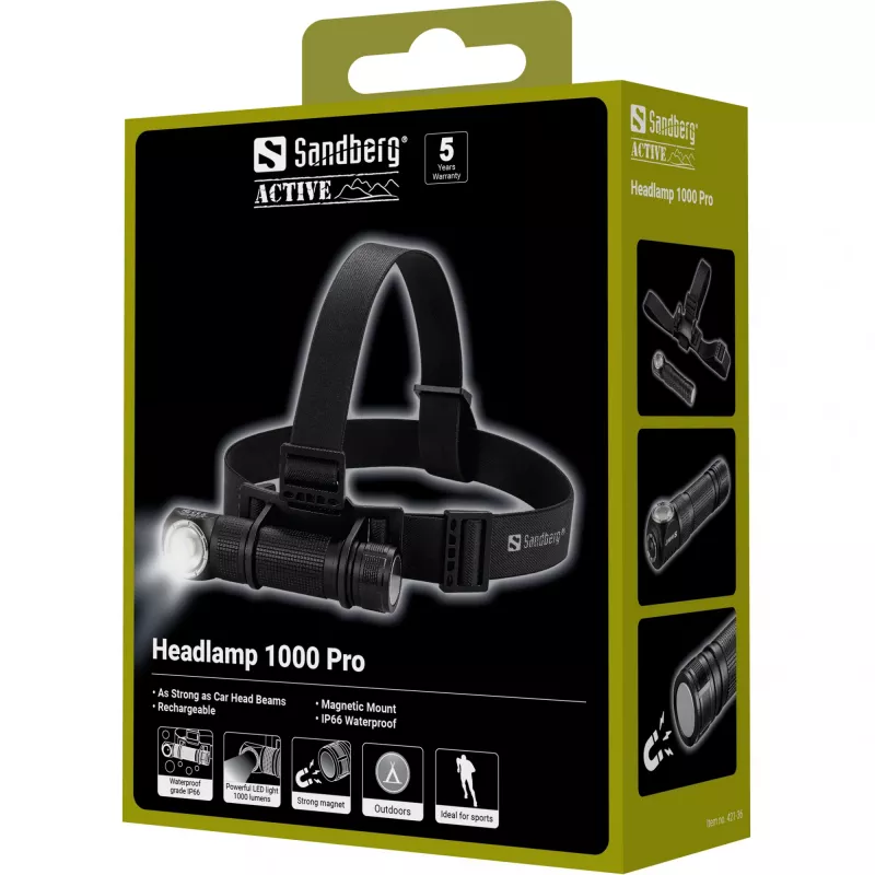 Sandberg Pealamp 1000 Pro, peapaelaga taskulamp, Must, Alumiinium, IP66, LED, 25 lm