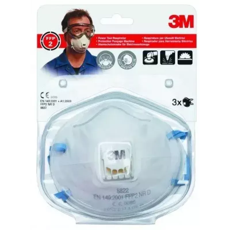 Tolmu mask 3M 8822C3 FFP2, valge, filtreeriv näokaitsemask, pakis 3 tk