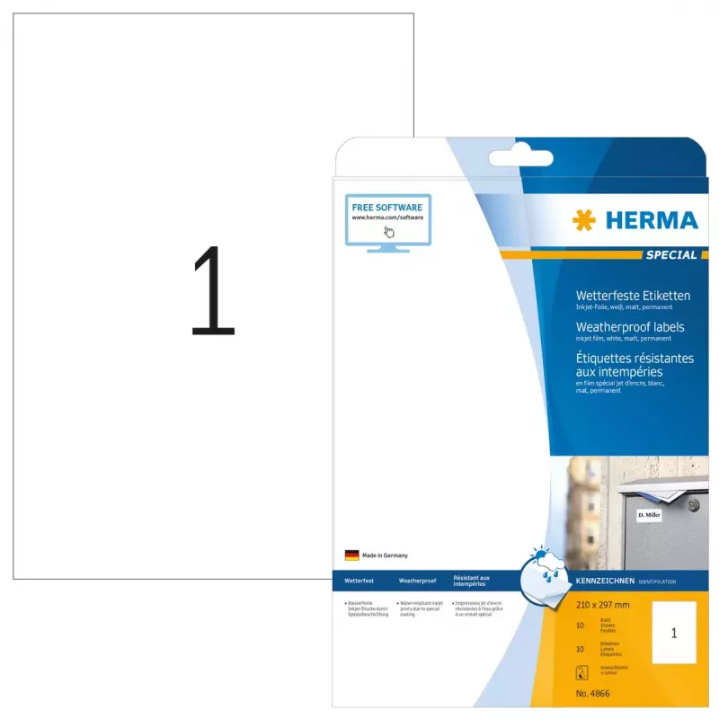 Isekleepuv printerisilt HERMA tindiprinteri sildid A4 210x297 mm valge kile matt ilmastikukindel 10 tk
