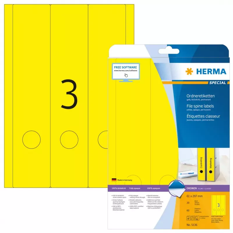 Failisildid HERMA A4 61x297 mm kollane paber matt läbipaistmatu 60 tk