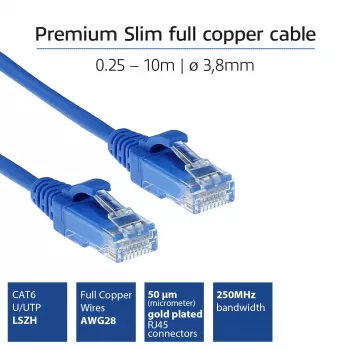 ACT sinine 0,5 meetrit LSZH U/UTP CAT6 andmekeskuse slimline ühenduskaabel snagless RJ45 pistikutega