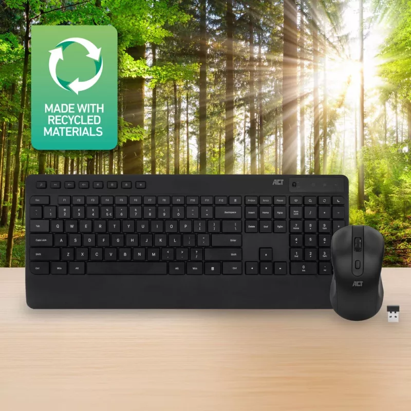 ACT juhtmevaba klaviatuuri ja hiire komplekt (Qwerty), vaikne klõps, keskkonnasõbralik, valmistatud taaskasutatud materjalidest