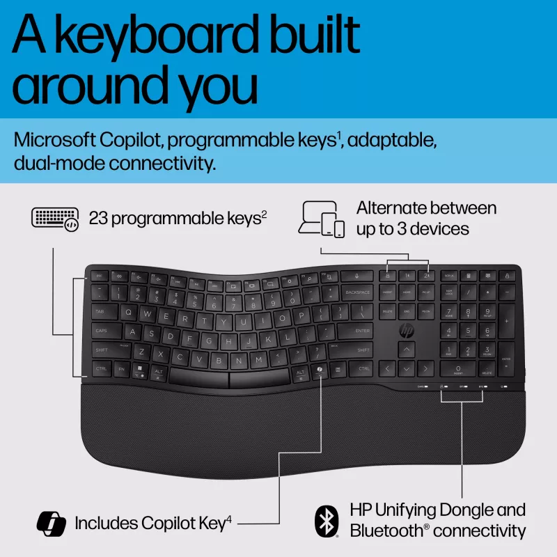 HP 680 Comfort kaherežiimiline klaviatuur, täissuuruses (100%), juhtmevaba, RF juhtmevaba + Bluetooth, QWERTY, must
