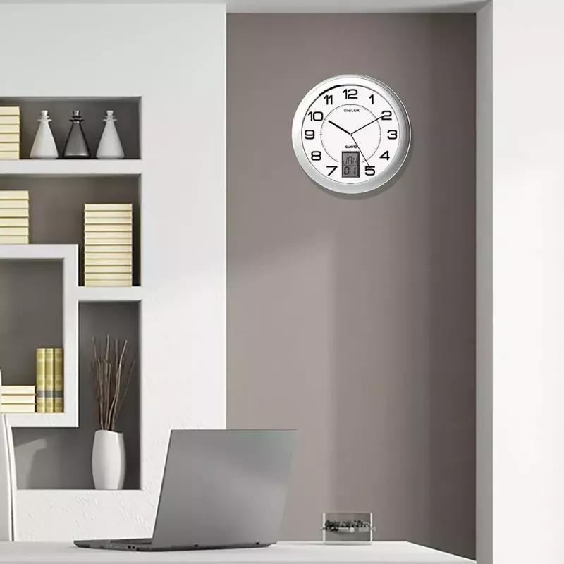 Seina-/lauakell Unilux 100340853 — Kvarts, ümmargune metalne hõbedane, Ø 31 cm, patarei AA/AAA