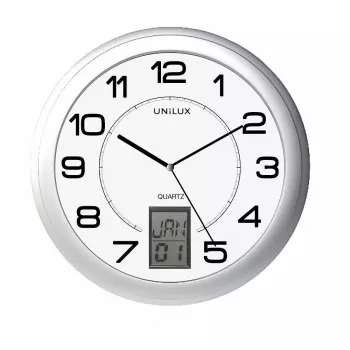 Seina-/lauakell Unilux 100340853 — Kvarts, ümmargune metalne hõbedane, Ø 31 cm, patarei AA/AAA