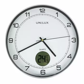 Seina-/lauakell Unilux 400094592 — Kvarts, ümmargune metallik hõbe, Ø 30 cm, AAA/AA patarei