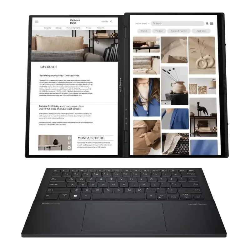 Sülearvuti ASUS Zenbook Duo UX8406CA-QL121W — Ultra 7 2x14,0 tolli OLED FHD puutetundlik 60 Hz, 32 GB LPDDR5X, 1 TB SSD, Intel Arc, 75 WHr, kaamera 1080p