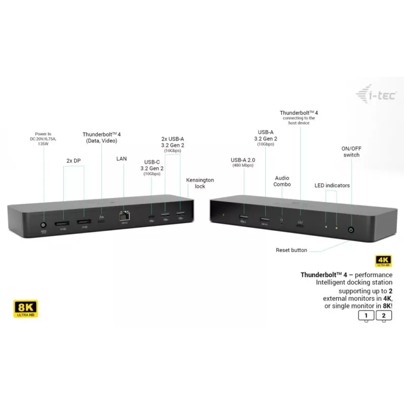 i-tec Thunderbolt 4 Intelligent Dual Display dokkimisjaam + toiteedastus 90 W