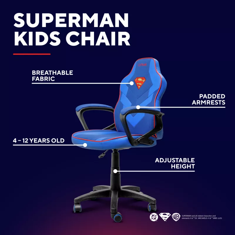 Mängutool TRUST GXT 703SM REVVO Kids Superman Blue – laste mängutool, ergonoomiline disain, reguleeritavad omadused