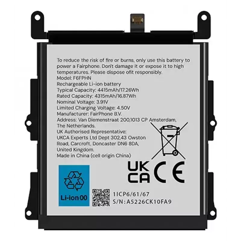 Aku Fairphone F6BATT-1ZW-WW1 Must 68,2 mm x 6,35 mm