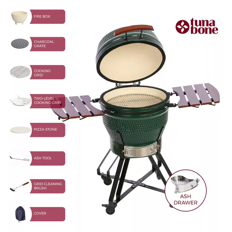 TARGUS Kamado Pro 22-tolline grill Suurus M (TunaBone) – keraamiline kamado, 22-tolline küpsetuspind, roheline