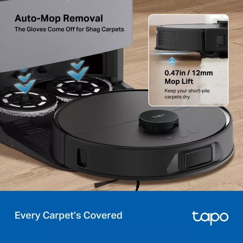 Robot vacuum TP-Link Tapo RV50 Pro Omni — 0.28 L tolmukamber, 5200 mAh aku, laadimisalus 3 L tolmumahutiga
