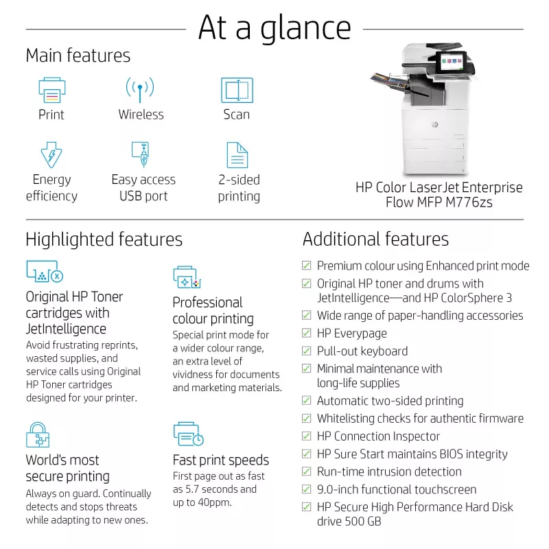 HP Color LaserJet Enterprise Flow MFP M776zs, laser, värvitrükk, 1200 x 1200 DPI, A3, otseprintimine, must, valge
