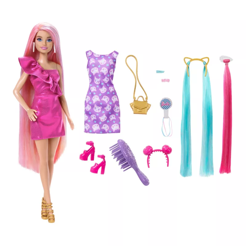 Barbie Fun & Fancy Hair Nukk – eriti pikkade värviliste blondide juuste ja soengutarvikutega