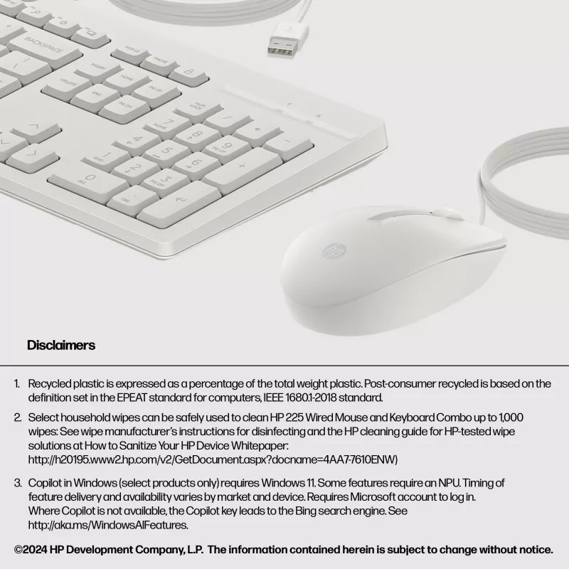 HP 225 Juhtmega Hiire ja Klaviatuuri Komplekt, Täissuuruses (100%), Juhtmega, USB, Valge, Hiir kaasas