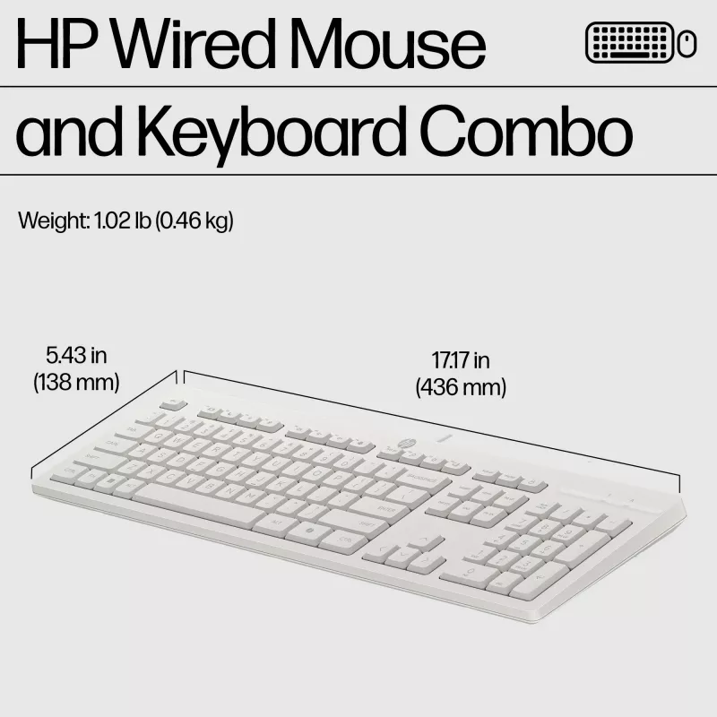 HP 225 Juhtmega Hiire ja Klaviatuuri Komplekt, Täissuuruses (100%), Juhtmega, USB, Valge, Hiir kaasas