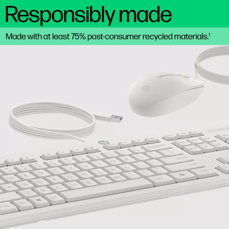 HP 225 Juhtmega Hiire ja Klaviatuuri Komplekt, Täissuuruses (100%), Juhtmega, USB, Valge, Hiir kaasas