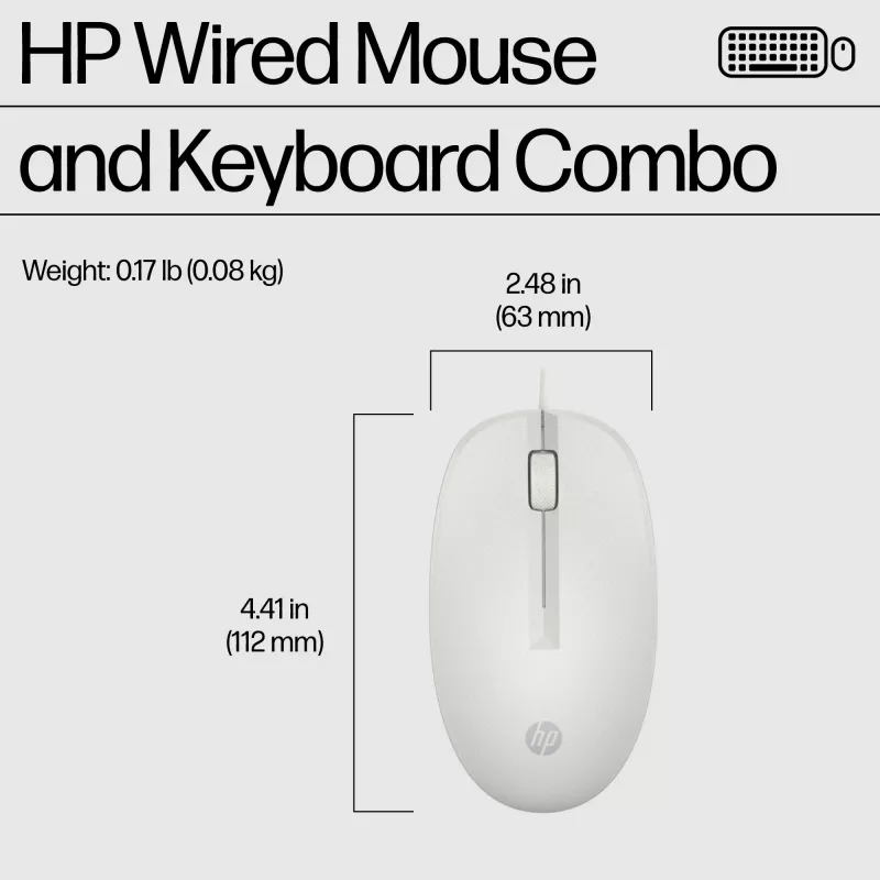HP 225 Juhtmega Hiire ja Klaviatuuri Komplekt, Täissuuruses (100%), Juhtmega, USB, Valge, Hiir kaasas