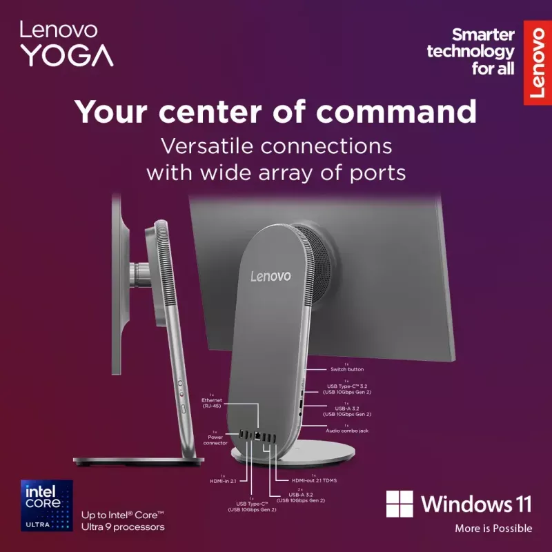 Kõik-ühes lauaarvuti Lenovo Yoga AIO 9 27IAH10 — 27-tolline QHD, Intel Core Ultra 7 255H, 16 GB LPDDR5x, 1 TB SSD, Intel Arc 140T, Windows 11 Home