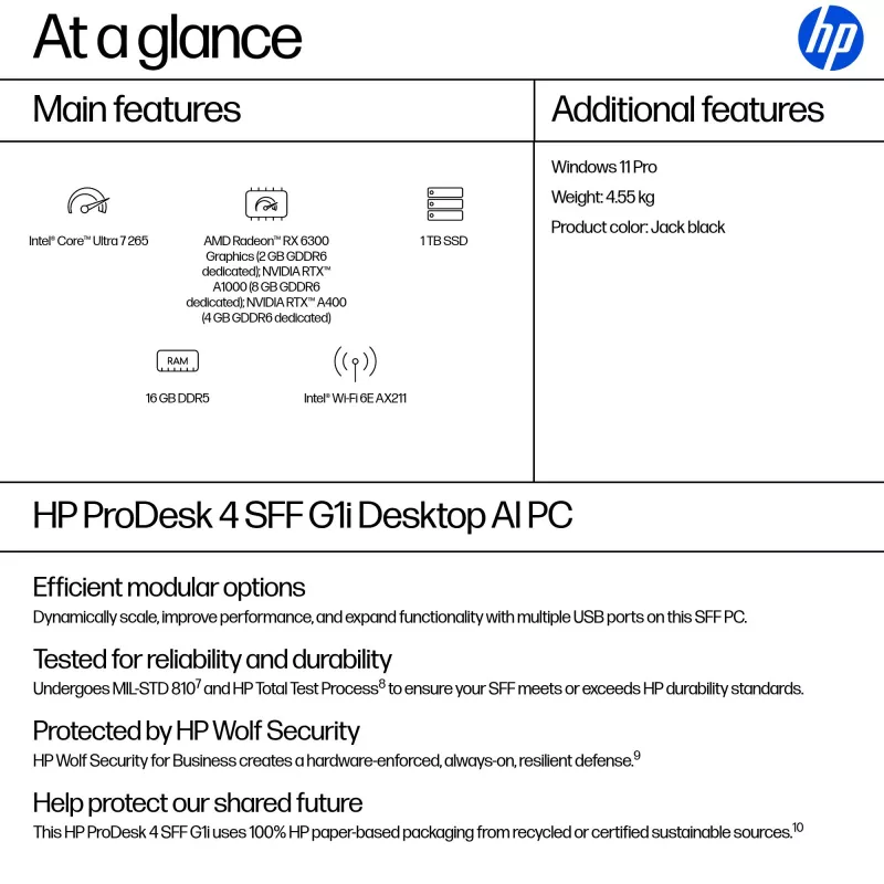 PC HP ProDesk 4 SFF G1i AI — Intel Core Ultra 7 265 (5.3 GHz, 20 tuuma), 16 GB DDR5, 1 TB NVMe SSD, Windows 11 Pro, Wi‑Fi 6E