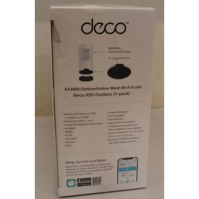 Välisvõrgu Wi‑Fi seade TP‑LINK Deco X50‑Outdoor AX3000 • 802.11ax • 2× Gigabit Ethernet • MU‑MIMO • Mesh-tugi • Ilma mobiilse lairibata