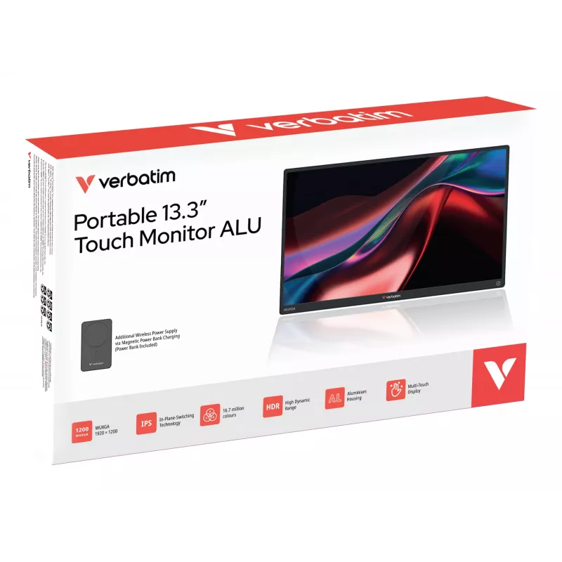 Kaasaskantav monitor VERBATIM 13.3 tolli WUXGA (1920x1200) IPS puuteekraan, aku, USB-A/USB-C, 3.5 mm, alumiinium, 0.925 kg