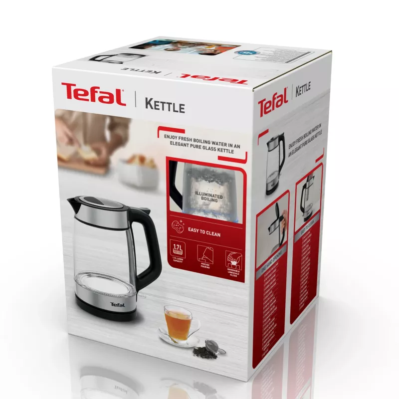Tefal Glass Kettle KI605830 elektriline veekeetja 1,7 L 2200 W must, hõbedane, läbipaistev