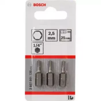 Kruvikeeraja otsakute komplekt Bosch 3 tk — turva-kuuskant 2,5 mm, pikkus 25 mm, 1/4-tolline vars