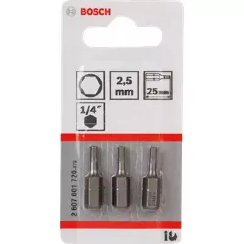 Kruvikeeraja otsakute komplekt Bosch 3 tk — turva-kuuskant 2,5 mm, pikkus 25 mm, 1/4-tolline vars