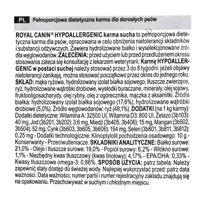 Kuiv koeratoit Royal Canin Hypoallergenic Adult — 14 kg, maksa ja riisi retsept, 21% valku, 19% rasva, gluteenivaba