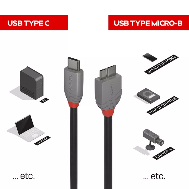 Lindy 1m USB 3.2 Type C to Micro-B kaabel, Anthra Line, 1 m, USB C, Micro-USB B, USB 3.2 Gen 1 (3.1 Gen 1), must