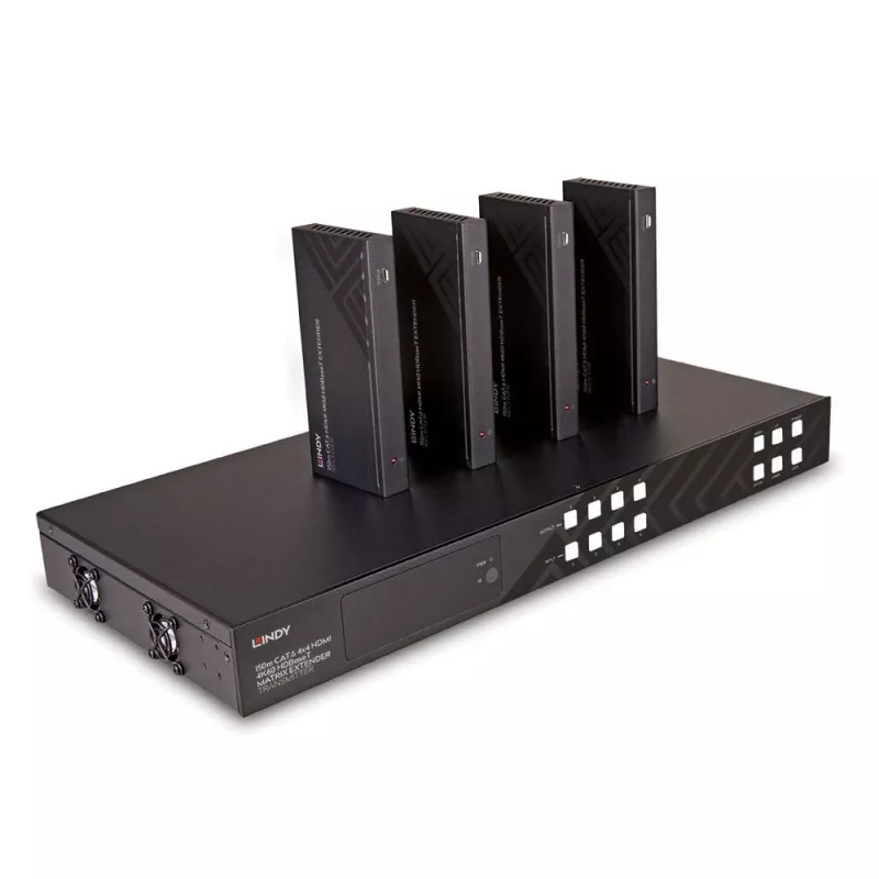 Lindy 150m Cat.6 4x4 HDMI 4K60 HDBaseT maatrikspikendaja, 3840 x 2160 pikslit, AV-saatja ja -vastuvõtja, 150 m, juhtmega, must, HDCP