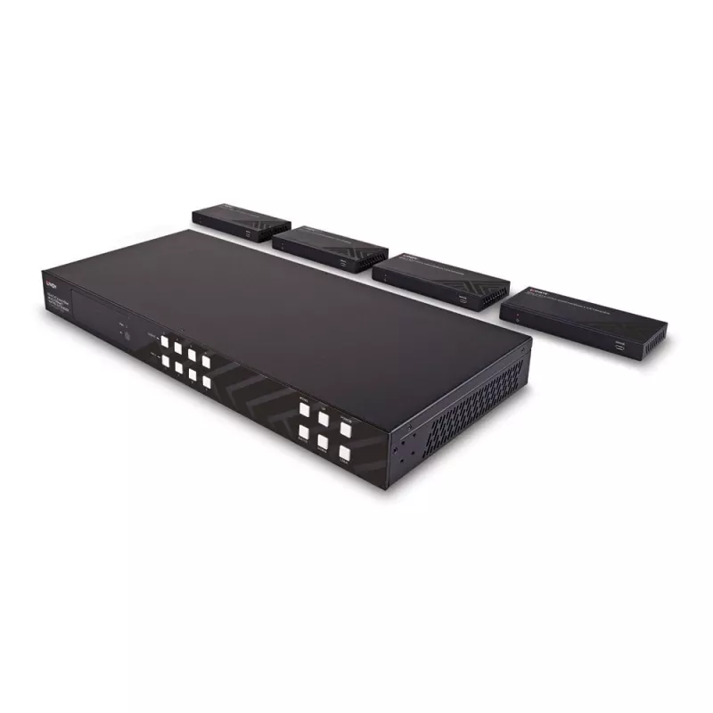 Lindy 150m Cat.6 4x4 HDMI 4K60 HDBaseT maatrikspikendaja, 3840 x 2160 pikslit, AV-saatja ja -vastuvõtja, 150 m, juhtmega, must, HDCP