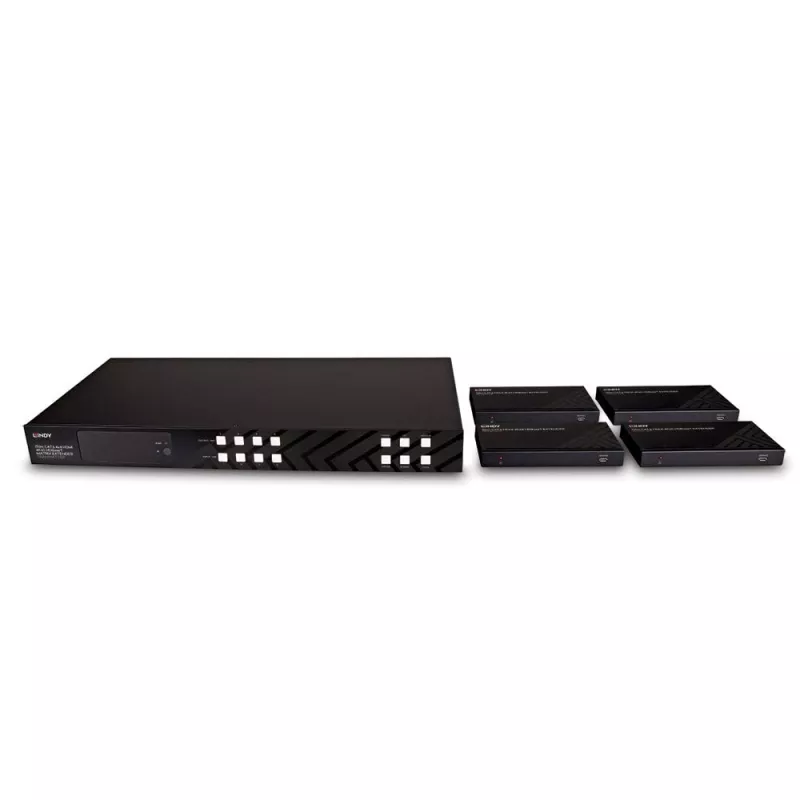 Lindy 150m Cat.6 4x4 HDMI 4K60 HDBaseT maatrikspikendaja, 3840 x 2160 pikslit, AV-saatja ja -vastuvõtja, 150 m, juhtmega, must, HDCP