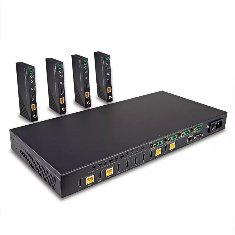 Lindy 150m Cat.6 4x4 HDMI 4K60 HDBaseT maatrikspikendaja, 3840 x 2160 pikslit, AV-saatja ja -vastuvõtja, 150 m, juhtmega, must, HDCP