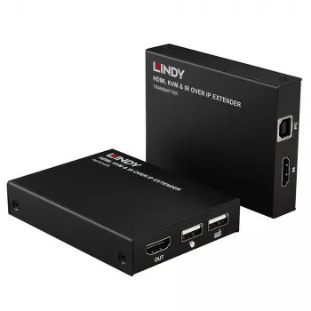 Lindy HDMI, KVM ja IR üle IP pikendaja, saatja ja vastuvõtja, juhtmega, 150 m, Cat5e, Cat6, must, metallist