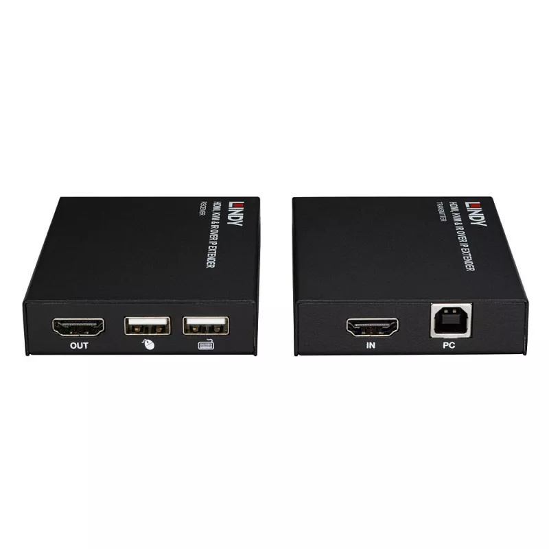 Lindy HDMI, KVM ja IR üle IP pikendaja, saatja ja vastuvõtja, juhtmega, 150 m, Cat5e, Cat6, must, metallist