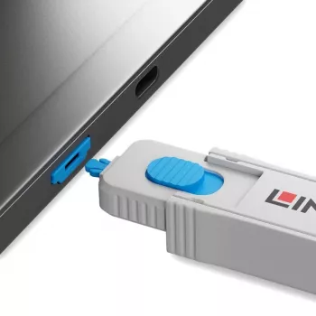 Lindy HDMI-pordi blokeerimiskomplekt, sinine (1 võti, 4 lukku), Pordiblokeerija + võti, HDMI, Sinine, Hall, Akrüülnitriilbutadieenstüreen (ABS), 1 tk, Kilekott