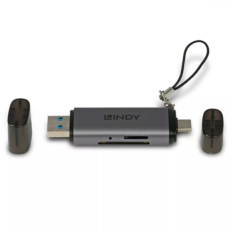 Lindy USB 3.2 Type C and A SD / MicroSD mälukaardilugeja, MiniSD, SD, Must, Hall, 5000 Mbit/s, USB 3.2 Gen 1 (3.1 Gen 1) Type-A/USB-C, 78.5 mm, 22.5 mm