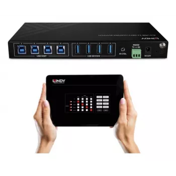 Lindy 4x4 USB 3.2 Gen 1 maatrikslüliti, 5 Gbit/s, must, metallist, pöördnupp, CE, FCC, RoHS ja REACH, USB Type-A, USB Type-B