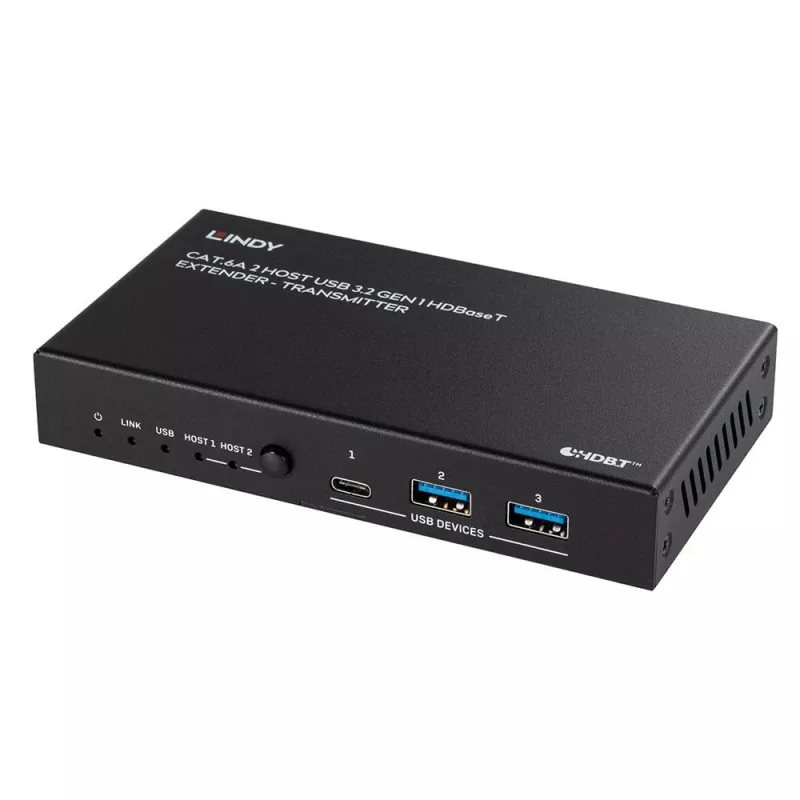 Lindy 100m Cat.6A 2 Host USB 3.2 Gen 1 HDBaseT Extender, võrgusaatja ja -vastuvõtja, 100 m, 480 Mbit/s, Cat6a, VS6320, fosforpronks