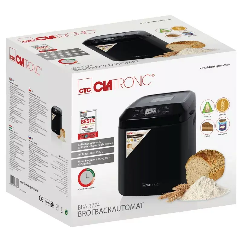Leivamasin CLATRONIC BBA 3774 550W – 3 L vorm, kuni 1,5 kg päts, 12 programmi, LCD taimer