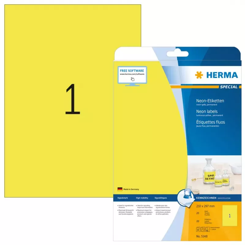 Etiketid HERMA Neon A4 210x297 mm helendav kollane paber matt 20 tk