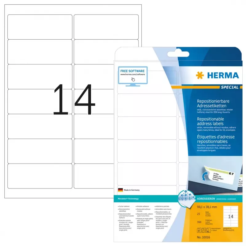 Ümberkleepitavad aadressisildid HERMA 99,1x38,1 mm valged 350 tk