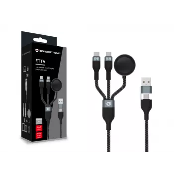 USB A kuni 2× USB-C 3-ühes kiirlaadimisandmekaabel Conceptronic ETTA08B15 — 1,5 m, USB 2.0, 5 A, Apple Watchi laadija, 100 W E‑Mark
