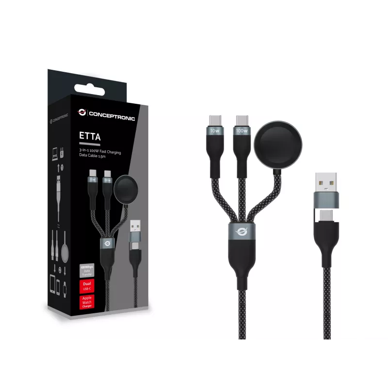 USB A kuni 2× USB-C 3-ühes kiirlaadimisandmekaabel Conceptronic ETTA08B15 — 1,5 m, USB 2.0, 5 A, Apple Watchi laadija, 100 W E‑Mark