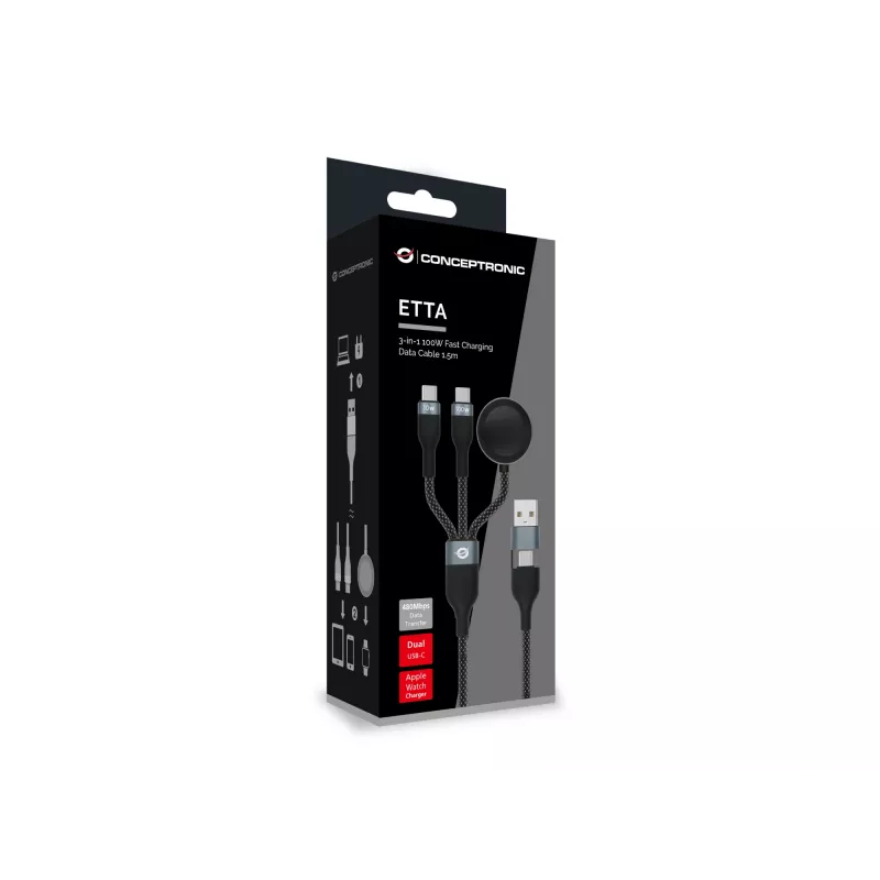 USB A kuni 2× USB-C 3-ühes kiirlaadimisandmekaabel Conceptronic ETTA08B15 — 1,5 m, USB 2.0, 5 A, Apple Watchi laadija, 100 W E‑Mark